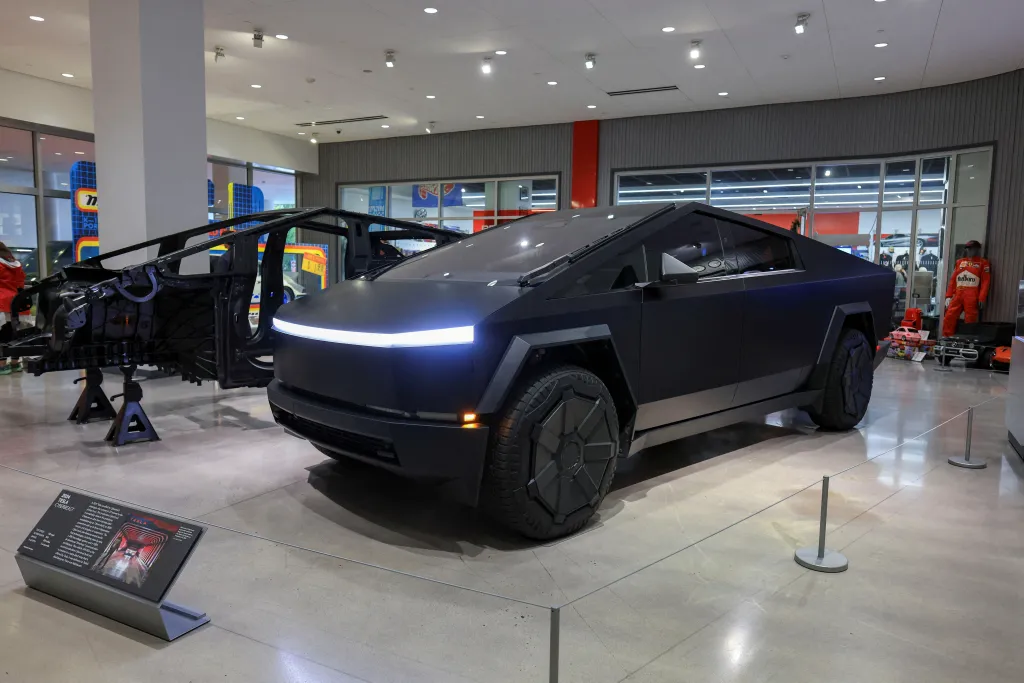 A Tesla Cyberbeast is on display at the Petersen Automotive Museum in Los Angeles.