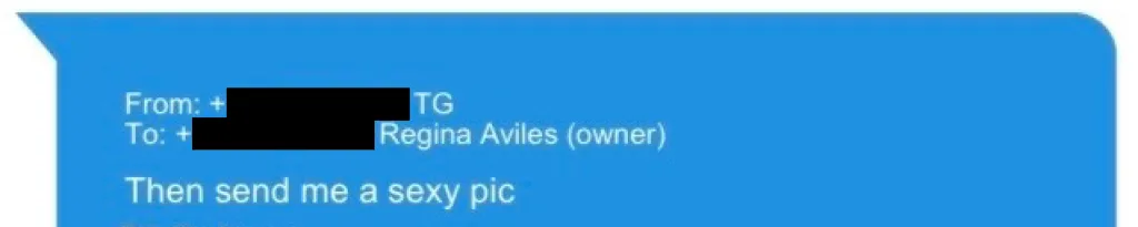 A text message from TG to Regina Aviles (owner) stating 