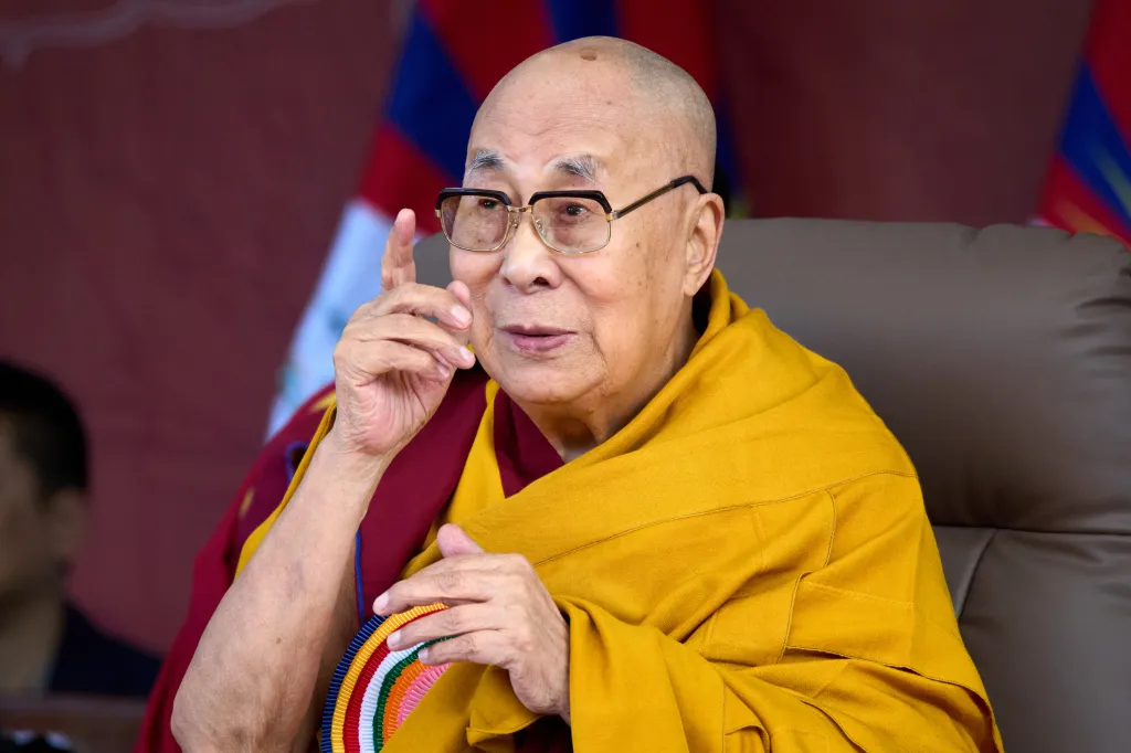 The Dalai Lama at an event celebrating the 75th anniversary of the day he assumed political and spiritual leadership of Tibet on Nov. 17, 2025.