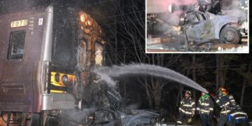 LIRR train crashes into vehicle in fiery wreck, injuring 3