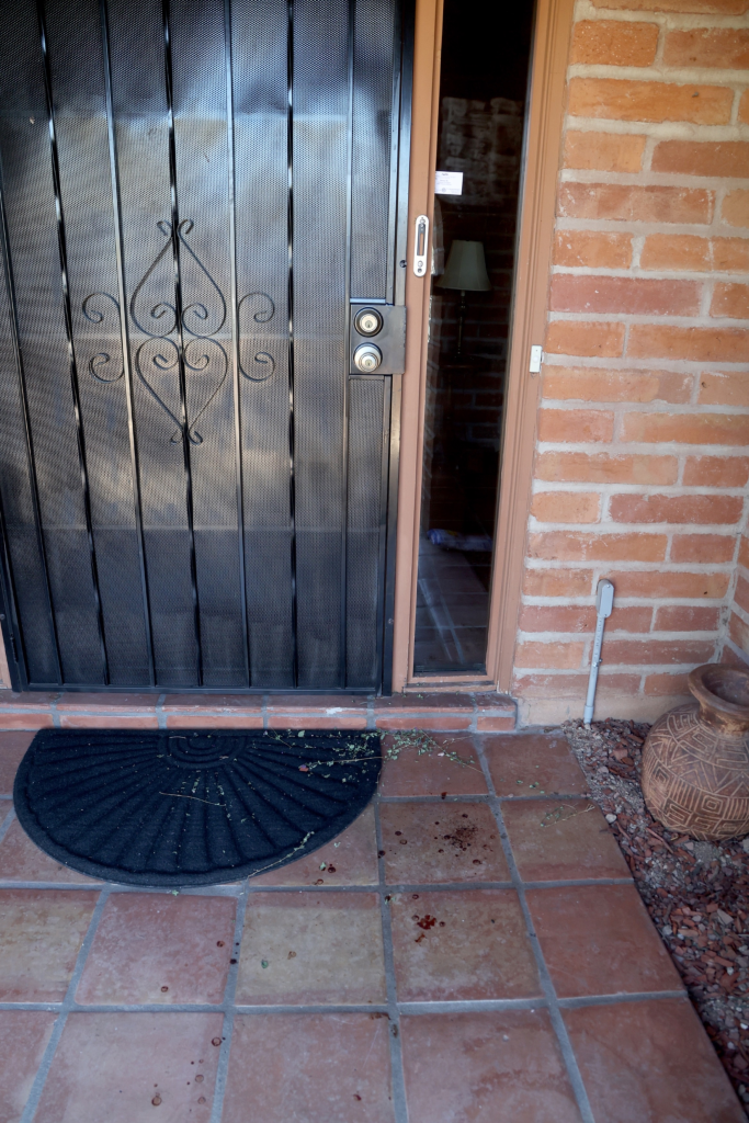 Reddish-brown spatters on the tiled porch of a home, possibly blood.