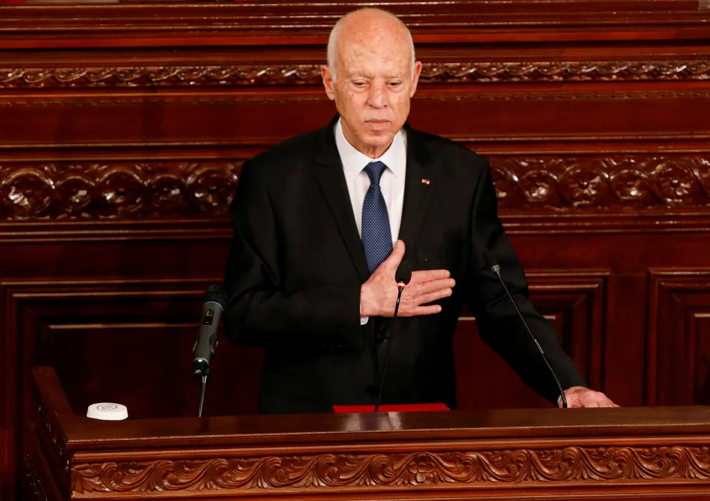 Tunisia's President Kais Saied gestures during his swearing-in ceremony for his second term at the parliament in Tunis, Tunisia October 21, 2024.