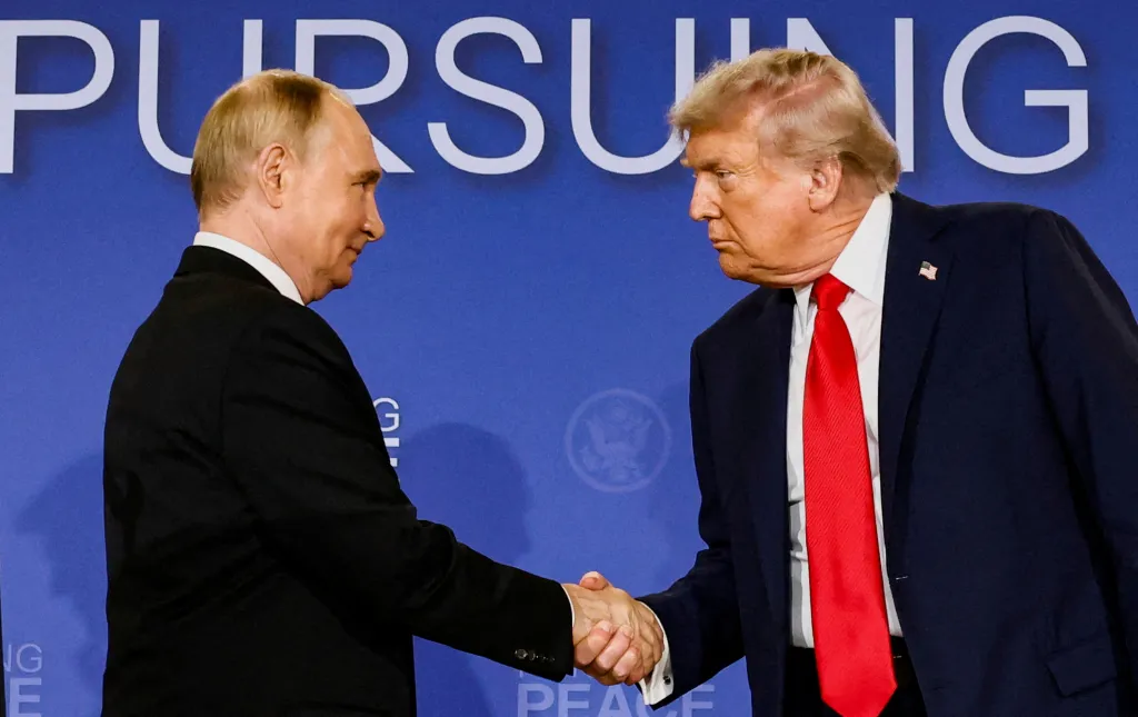 Russian President Vladimir Putin meets with President Donald Trump during a press conference in Alaska on Aug. 15, 2025.