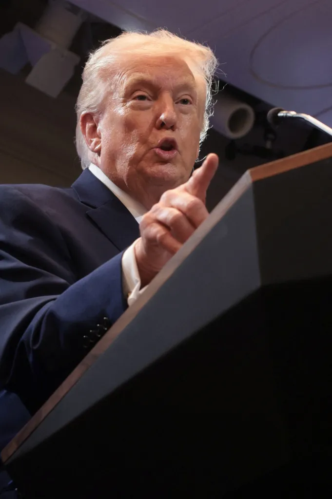 President Trump speaking at a press briefing at the White House.