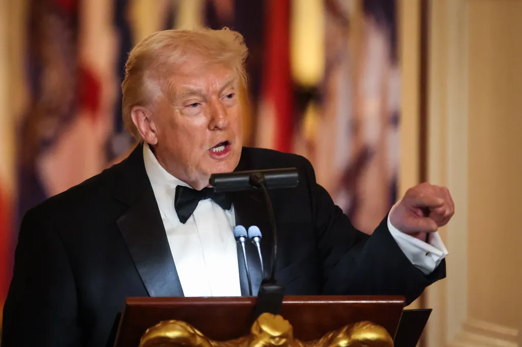 President Donald Trump speaks during the Governors Dinner in the East Room of the White House on February 21, 2025 in Washington, D.C.