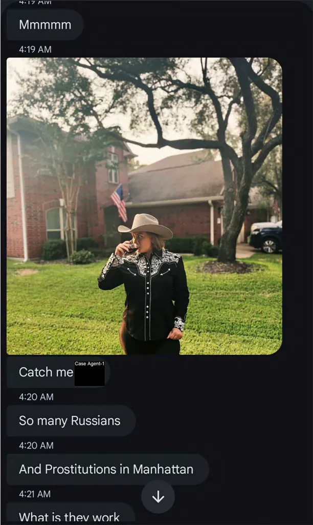 A screenshot of text messages, with one message showing a woman in a cowboy hat drinking from a glass in a yard, and others stating 