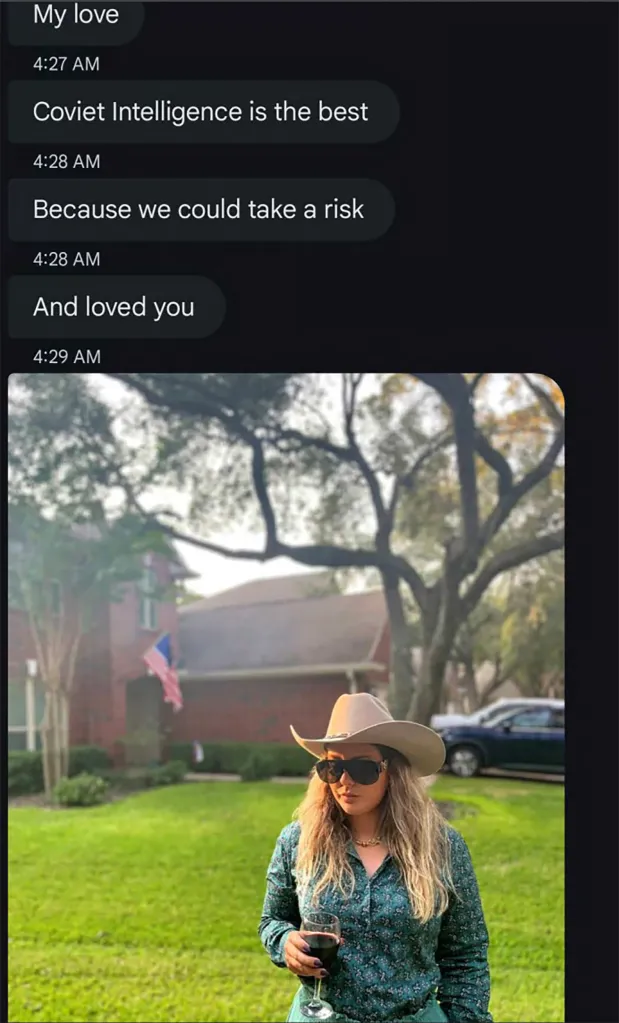 Text messages from Nomma Zarubina to Case Agent-1, with the first messages reading 