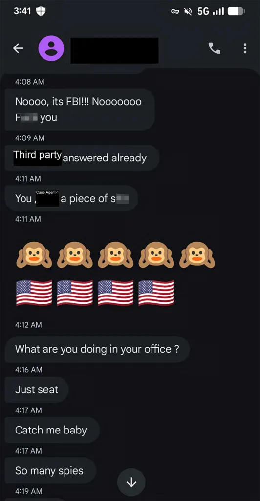 A screenshot of text messages from a defendant to an FBI case agent, violating bail conditions.