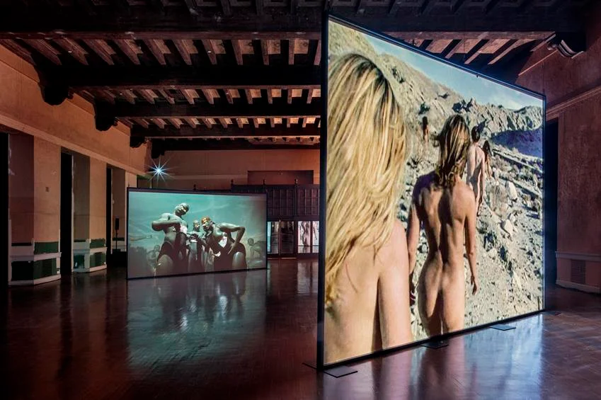 Left, Jacolby Satterwhite, Shrines, 2020: right, Doug Aitken, Blow Debris, 2000, What a Wonderful World: An Audiovisual Poem, 2026. Source: Joshua White/Julia Stoschek Foundation