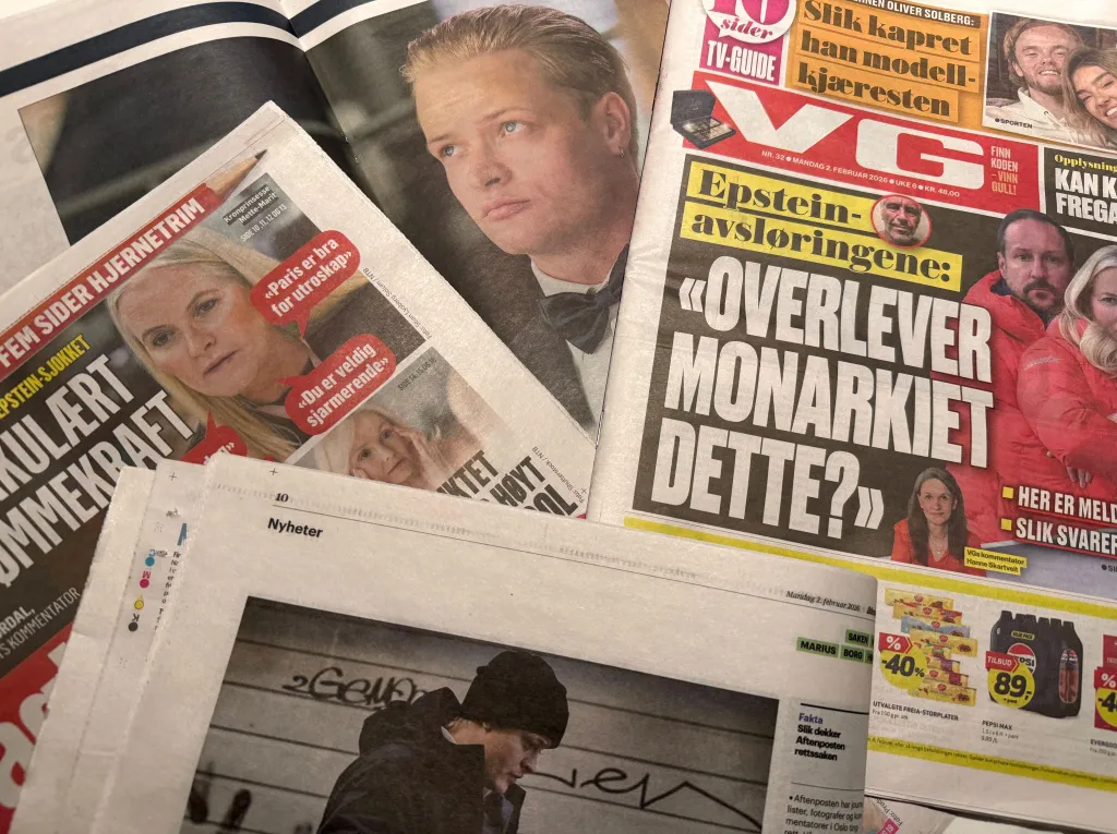 A collage of Norwegian newspaper headlines about the royal family's alleged connection to Epstein, with images of Crown Princess Mette-Marit and Marius Borg Høiby.