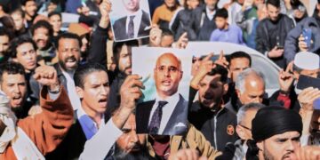 Thousands of Libyans gather for the funeral of Gadhafi’s son who was shot and killed this week