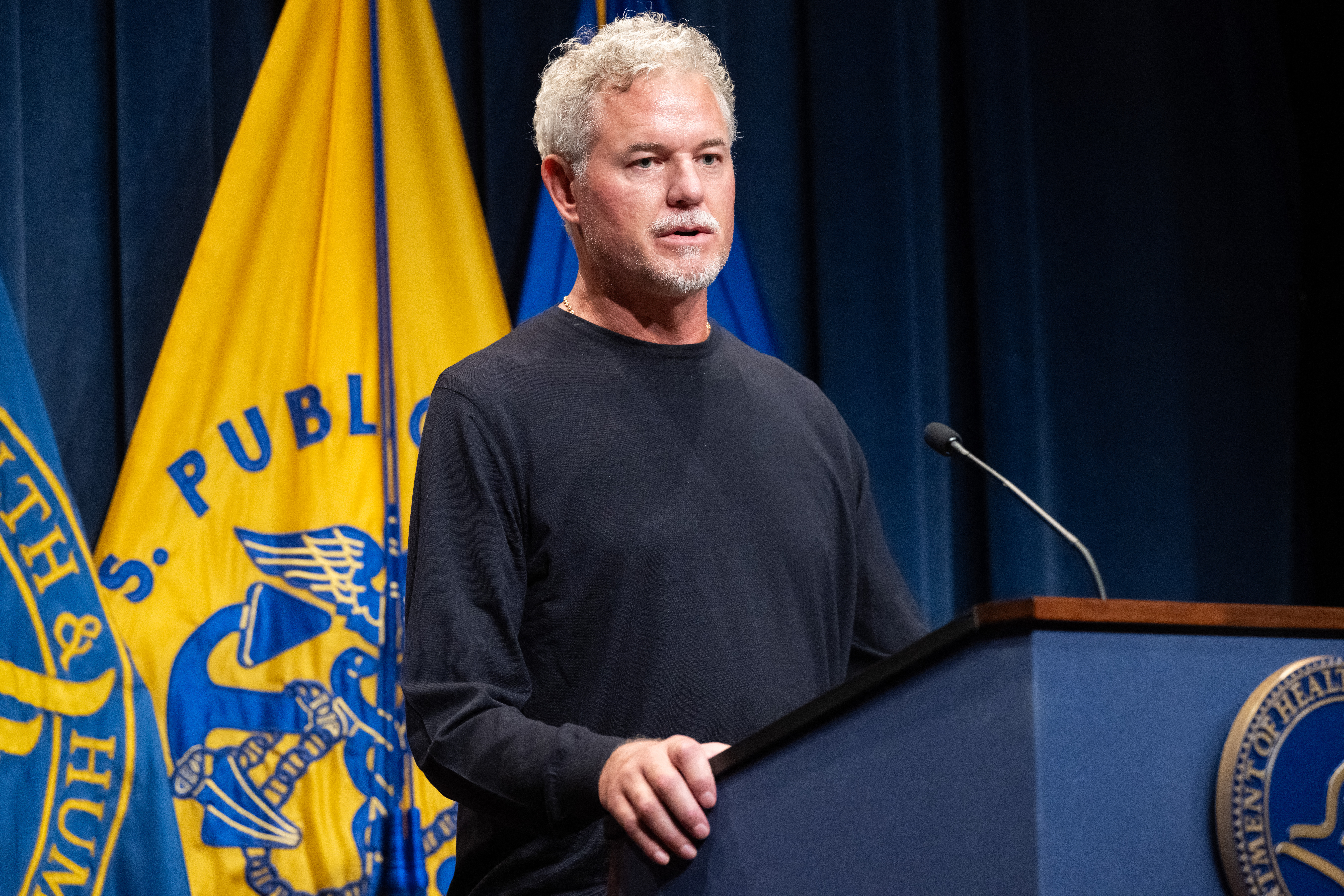 US actor Eric Dane speaking at a news conference about his ALS diagnosis.