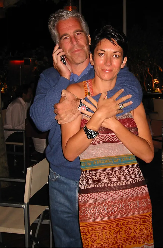 Jeffrey Epstein embraces Ghislaine Maxwell, who is wearing a colorful patterned dress.