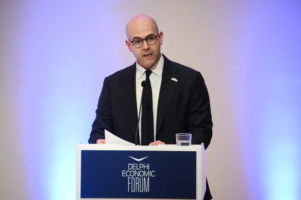 US economist Stephen Miran lecturing at the Delphi Economic Forum.