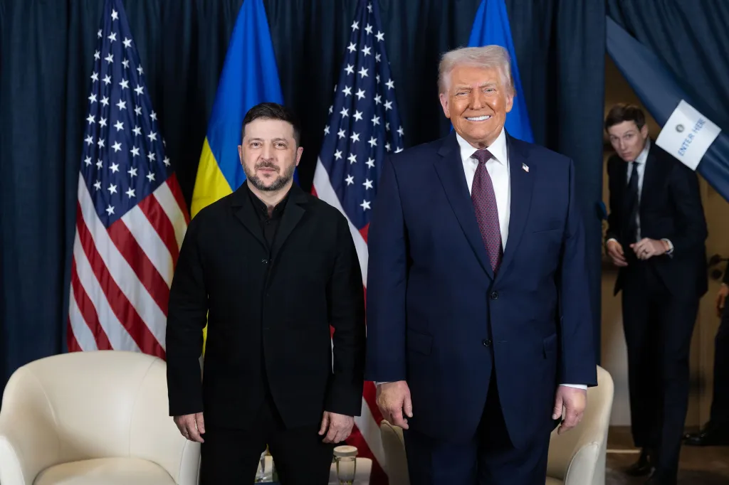 Ukrainian President Volodomyr Zelensky and President Donald Trump pose for a photo during a meeting at the World Economic Forum on Jan. 22, 2026.