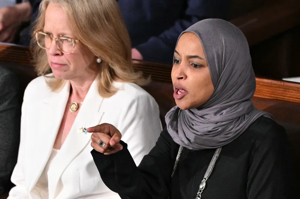 US Representative Ilhan Omar reacting as President Donald Trump delivers the State of the Union address.
