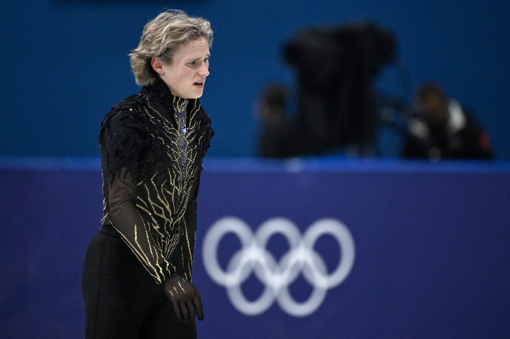 Ilia Malinin reacts after competing in the figure skating men's singles free skating final.