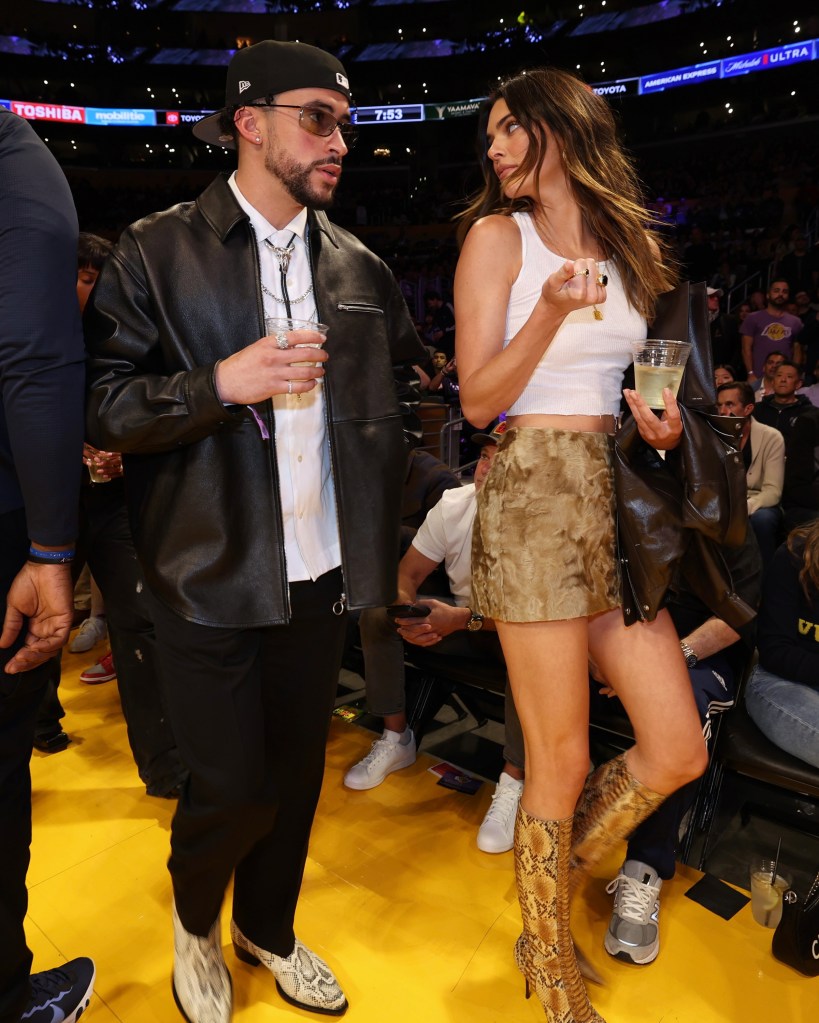 Bad Bunny and Kendall Jenner courtside at the Lakers vs. Warriors playoff game.