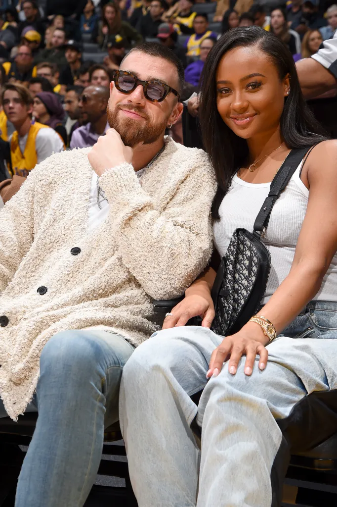 Travis Kelce and Kayla Nicole pose for a photo during the game between the Los Angeles Lakers and the Memphis Grizzlies on February 21, 2020 at STAPLES Center in Los Angeles, Calif.
