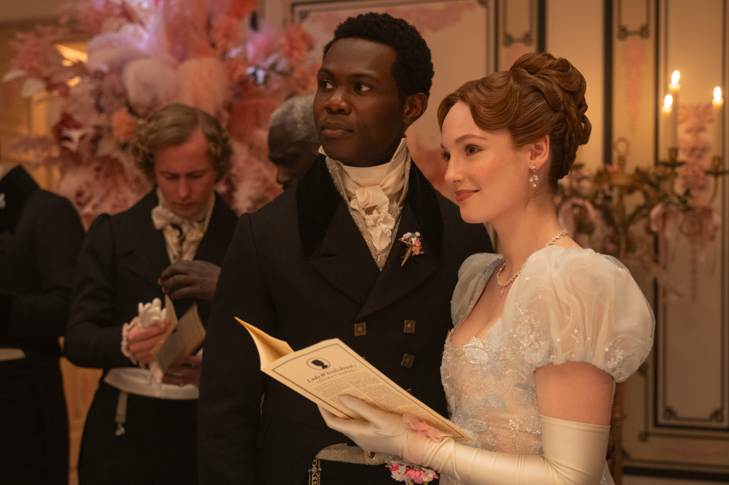 Victor Alli as Lord John Stirling and Hannah Dodd as Francesca Bridgerton in Bridgerton.