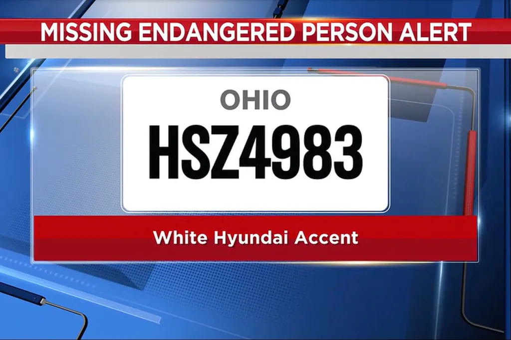 Missing Endangered Person Alert displaying an Ohio license plate HSZ4983 and a White Hyundai Accent.