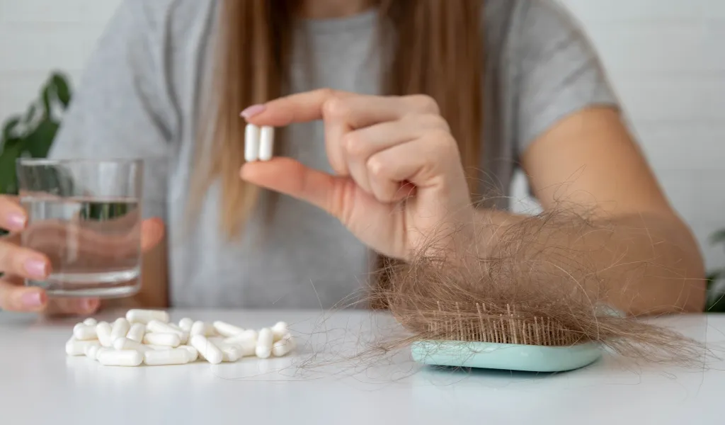 Woman holding hair loss pills and a glass of water, with hair on a comb in the foreground.