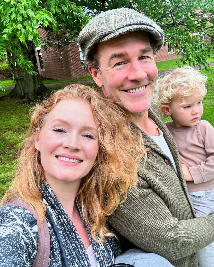 James Van Der Beek with his wife and child in an outdoor selfie.