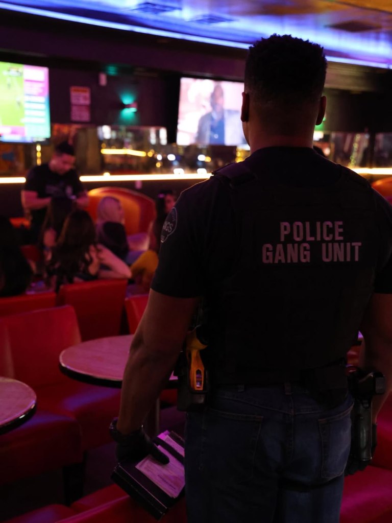 A police officer from the gang unit observes a bar.