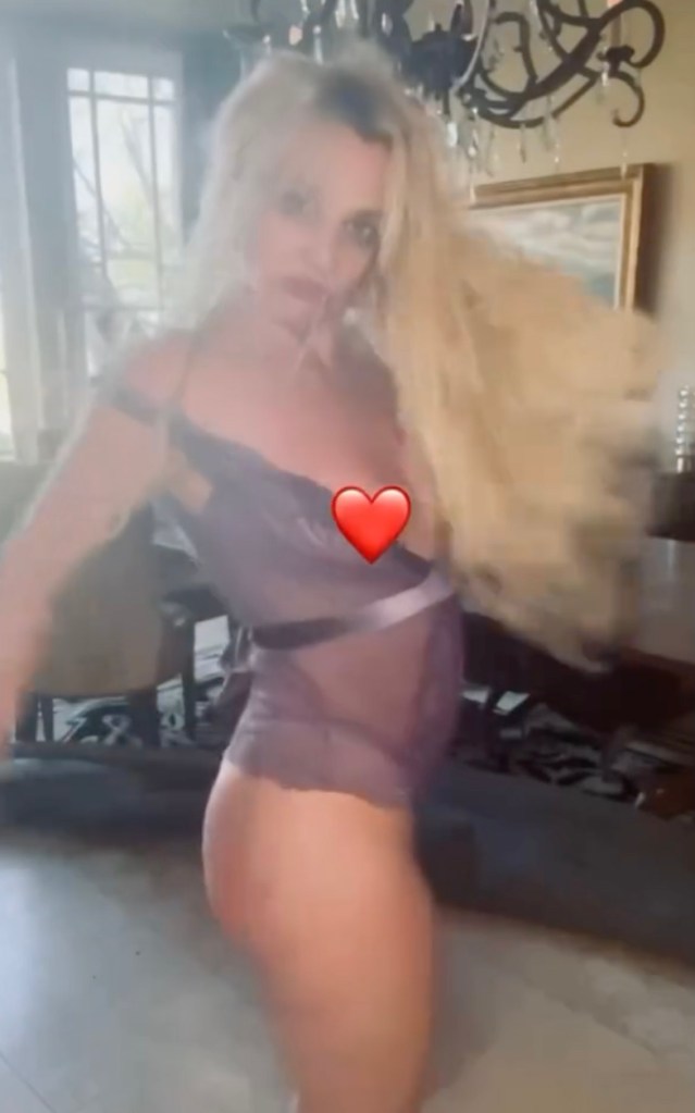 Britney Spears in a purple sheer bodysuit.