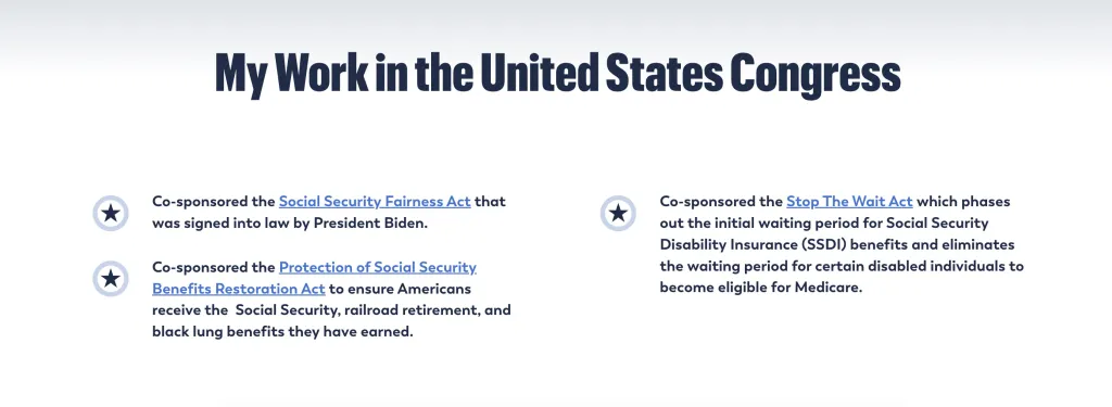 Text outlining congressional work, including co-sponsoring the Social Security Fairness Act, Protection of Social Security Benefits Restoration Act, and Stop The Wait Act.