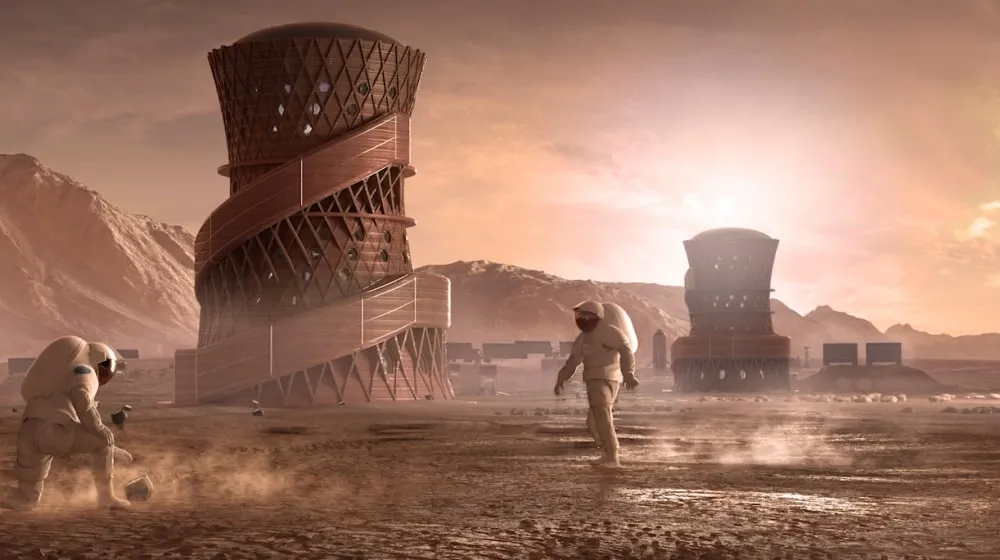 Illustration of two astronauts near a 3D-printed habitat on a Martian-like landscape.