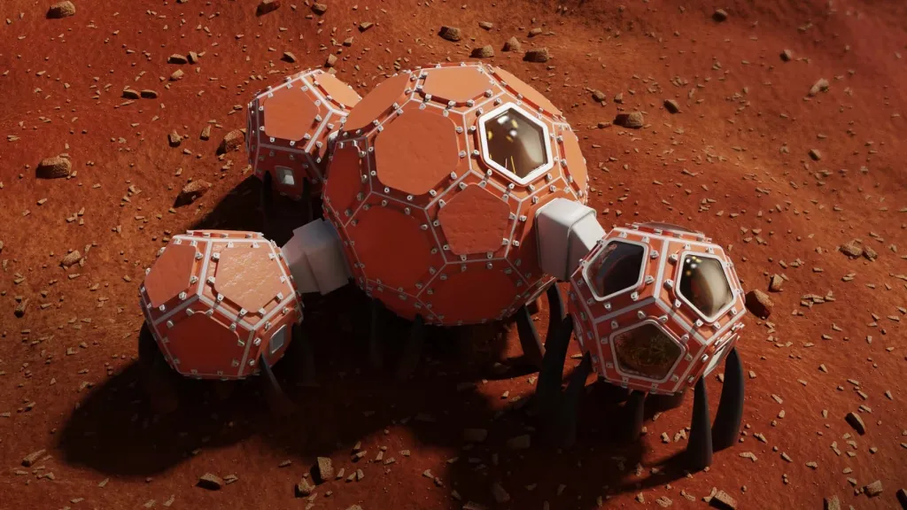 Illustration of a 3D-printed Mars habitat with three connected spherical modules.
