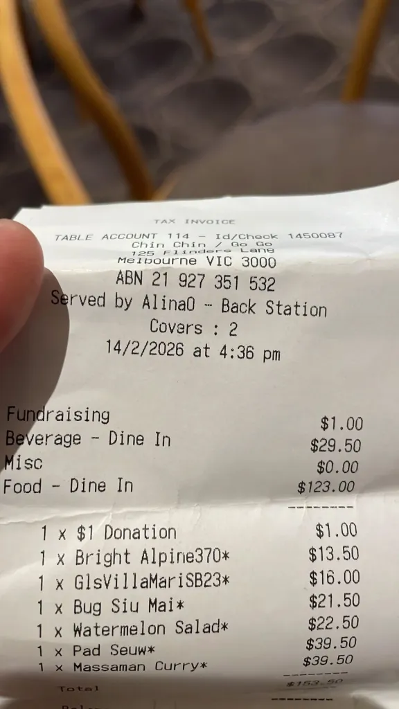 A restaurant receipt from Chin Chin Diner in Melbourne, Australia, with menu items including Bug Siu Mai, Watermelon Salad, Pad Seuw, and Massaman Curry, totaling $153.50.