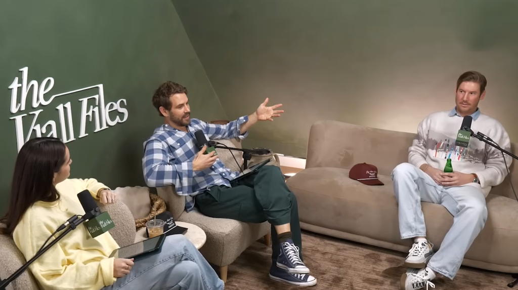 Podcast hosts Nick Viall and Natalie Joy with Austen Kroll, discussing topics on Viall Files.