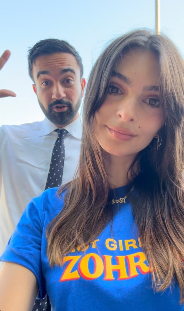 Emily Ratajkowski wearing a blue 