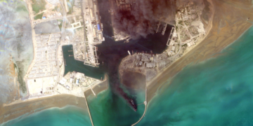 Satellite Images Show Burning Iranian Naval Ships
