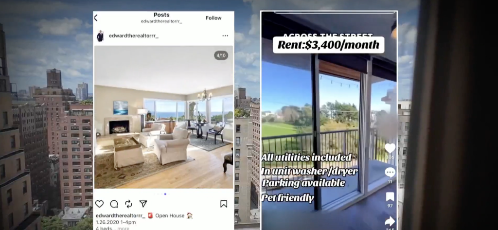 A collage of social media posts, one from Instagram showing a living room with an ocean view and another from TikTok showing a balcony with a city view.