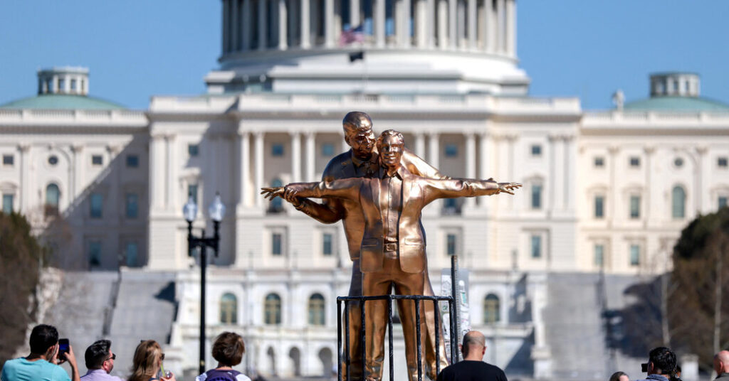 A Statue of Trump and Epstein Re-enacting ‘Titanic’ Pose Appears on National Mall