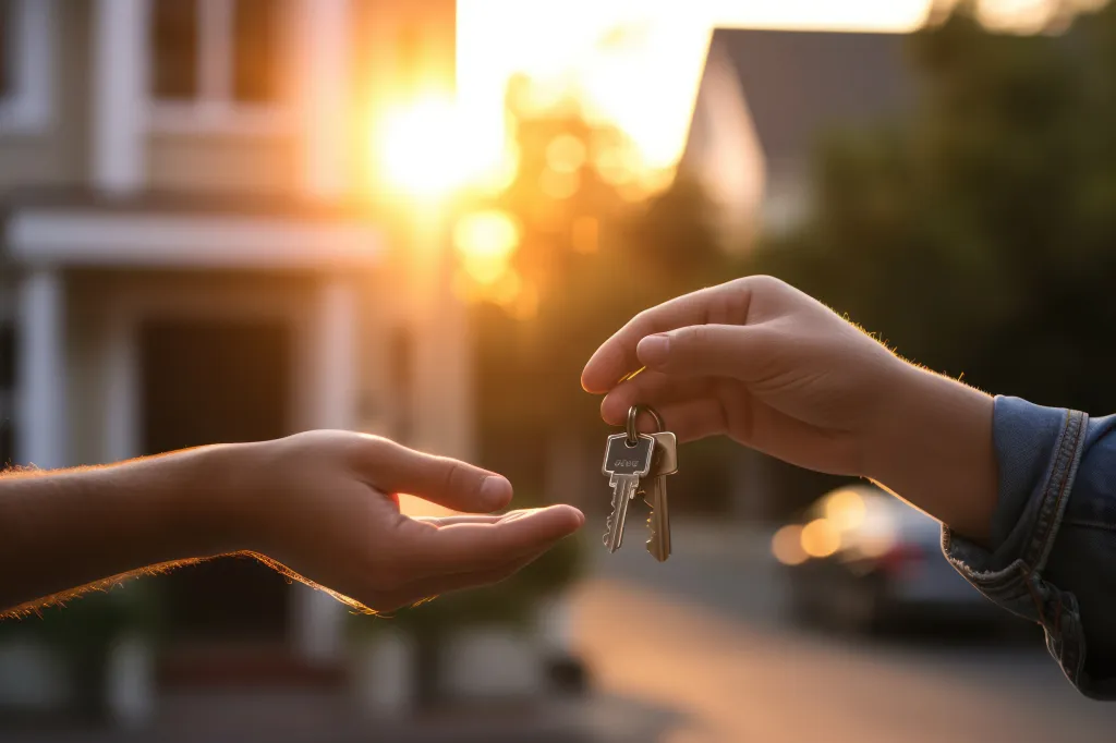 A hand holding a set of keys over an open palm, with a blurry background of a house and bright sunlight.