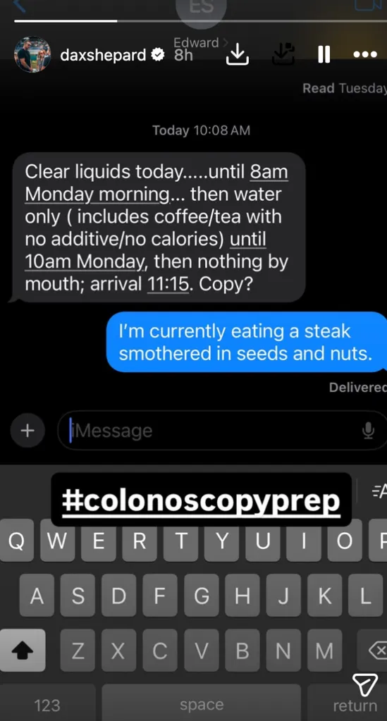 A screenshot of a text message conversation about colonoscopy prep instructions and a humorous reply.