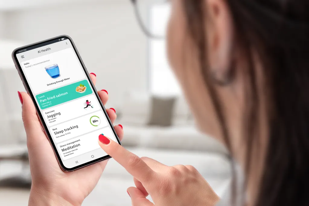 A person holding a phone displaying a health app with recommendations for drinking water, pan-fried salmon for lunch, jogging, sleep tracking, and meditation.