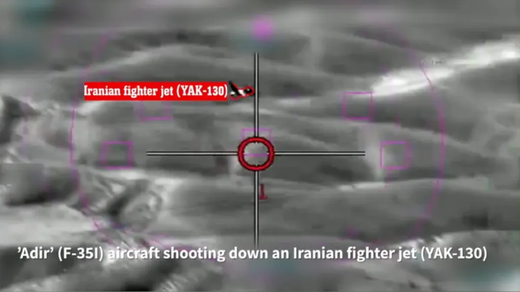 Illustration showing an 'Adir' (F-35I) aircraft shooting down an Iranian fighter jet (YAK-130).
