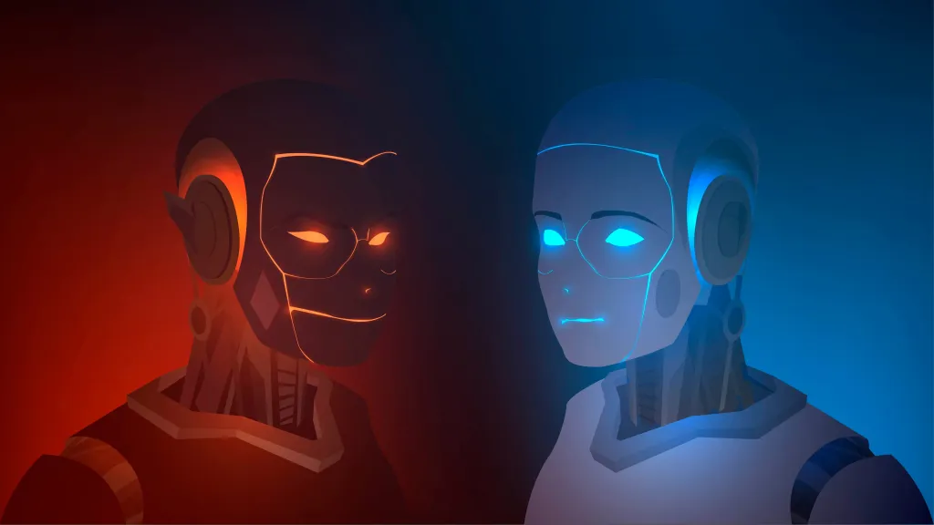 Illustration of two opposing humanoid robots, one red and evil, the other blue and good.