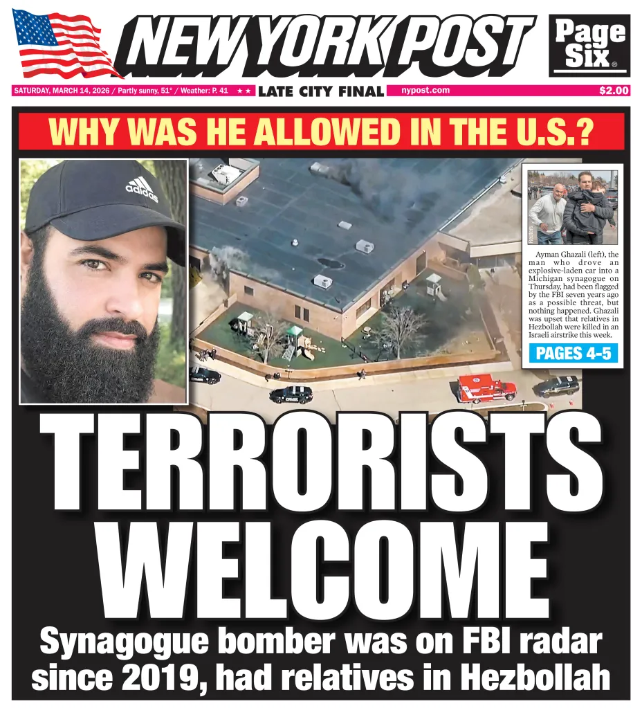 A collage of three photos from a New York Post newspaper front page, with the headlines 