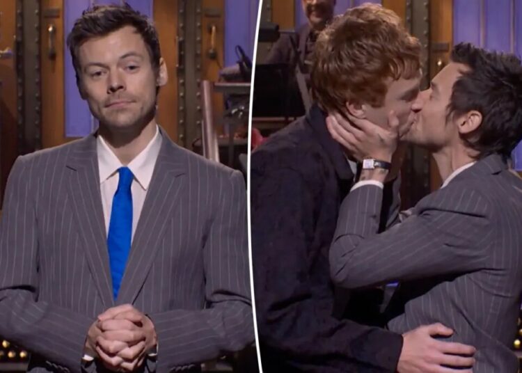 Harry Styles hits back at ‘queerbaiting’ claims — by kissing male comedian during ‘SNL’ monologue