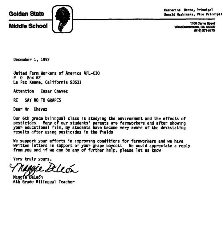 Letter from Maggie DeLeón, a 6th Grade Bilingual Teacher at Golden State Middle School, to Cesar Chavez of the United Farm Workers of America, supporting efforts to improve farmworker conditions and the grape boycott.