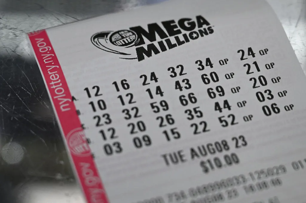 A New York Lottery Mega Millions ticket with numbers and a date of August 8, 2023.
