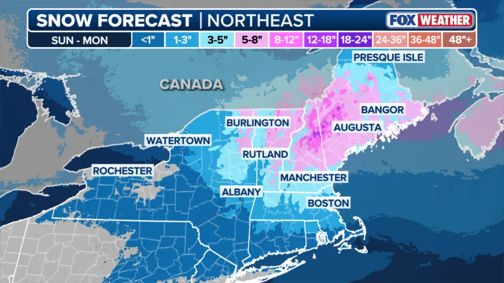 Snow forecast map for the Northeast, showing predicted snow accumulation from Sunday to Monday.