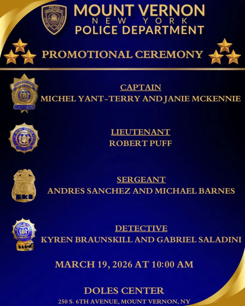 Illustration of a Mount Vernon Police Department Promotional Ceremony announcement listing newly promoted Captains, Lieutenants, Sergeants, and Detectives.