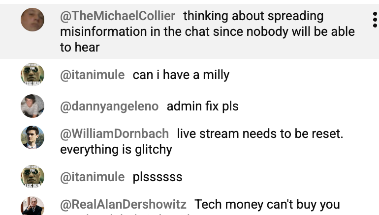 A chat log from a live stream showing users complaining about glitches and asking for an admin fix.